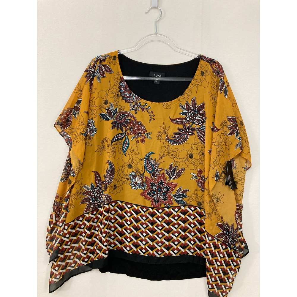 Alyx Blouse Poncho size 0X Yellow Floral Geometric Mixed Print Vacation Festival